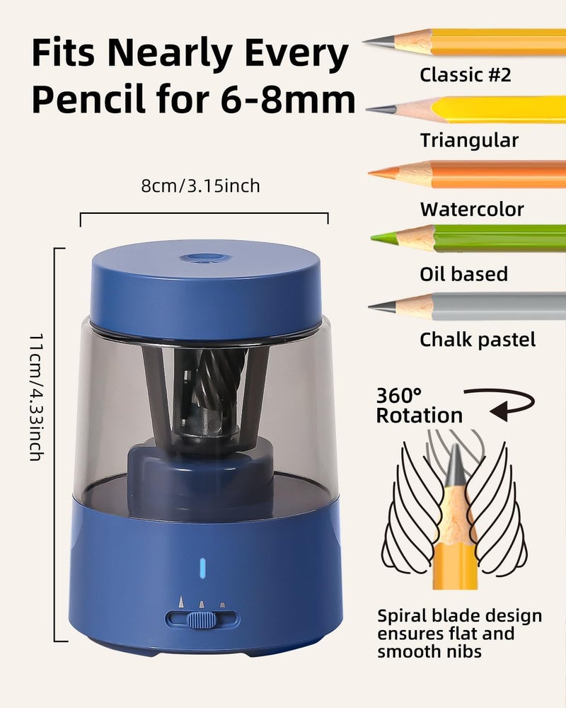 Zmol Electric Rechargeable Pencil Sharpener, Automatic Pencil Sharpeners Kids, Battery Pencil Sharpeners for Colored Pencils, Auto Stop, Suitable for No.2(6-8mm), Classroom/Home Blue - Image 2